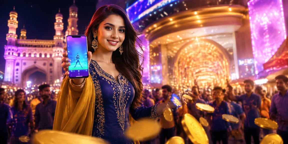 Evening view of Hyderabad Charminar with casino app screen