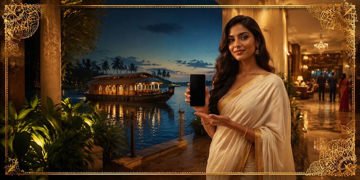 Young Indian woman using mobile casino app on Kerala backwaters
